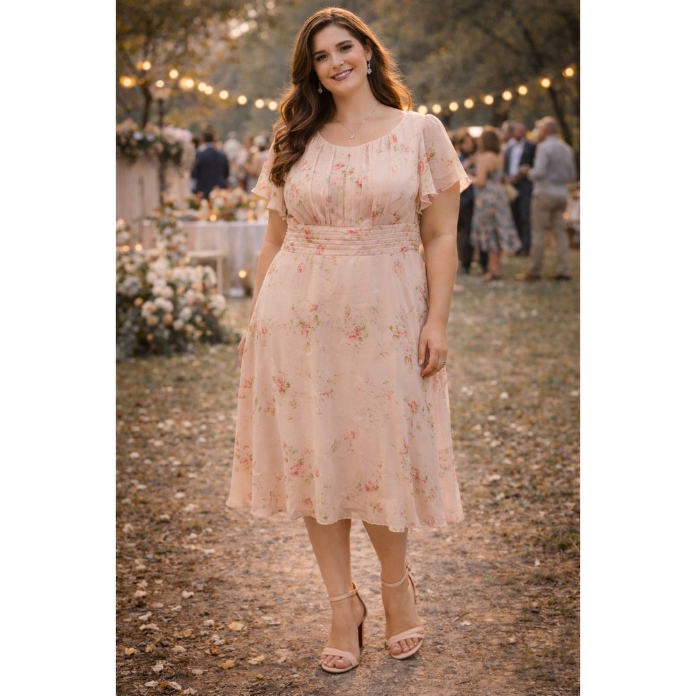 Baby Pink Floral Milk Maid Coquette Flutter Sleeve 1X Bridal A Line Midi Dress